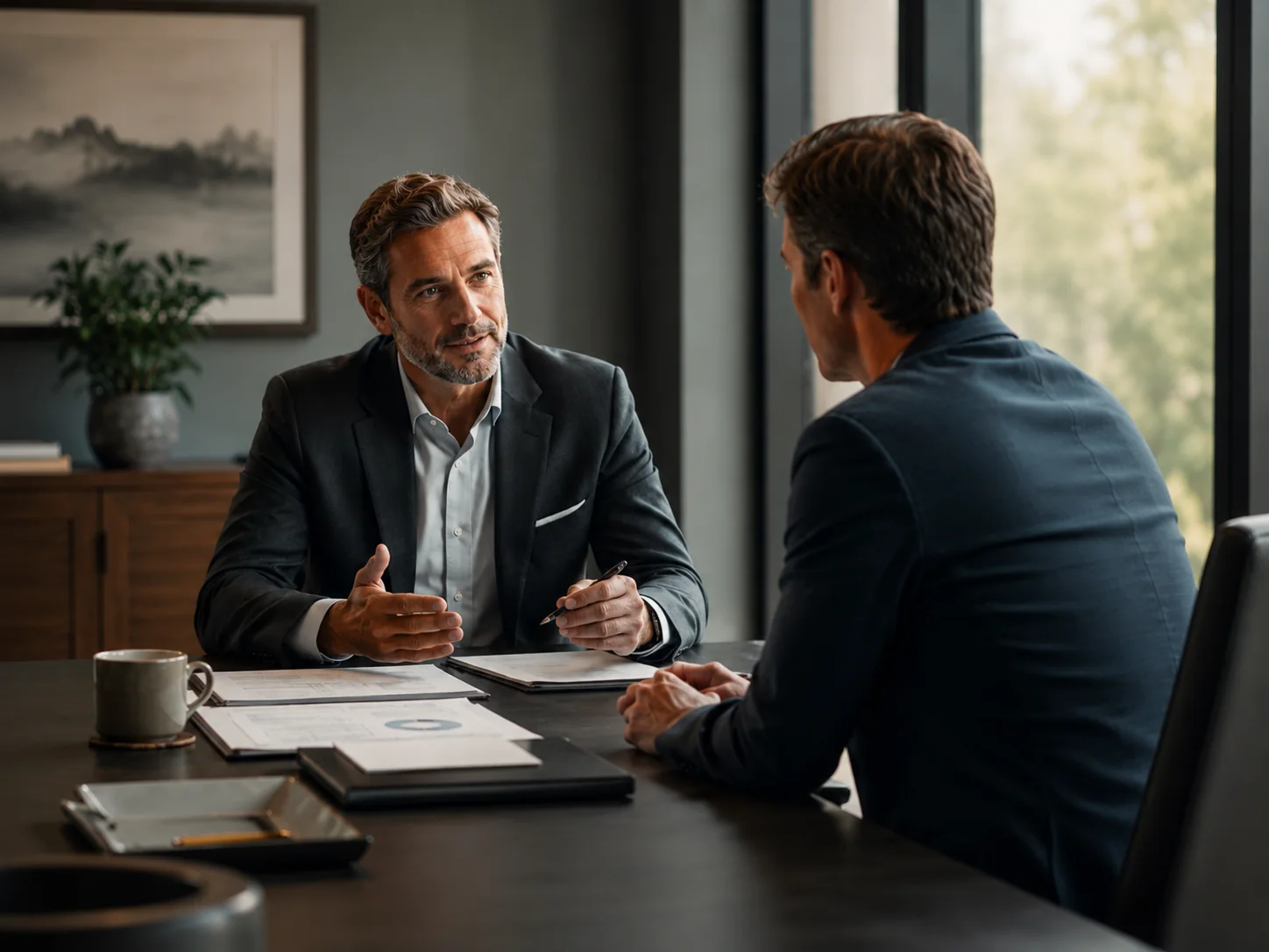Business owner meeting with Cooper Norman Wealth advisor across a walnut conference table — the exit conversation begins twenty-four months before the LOI.