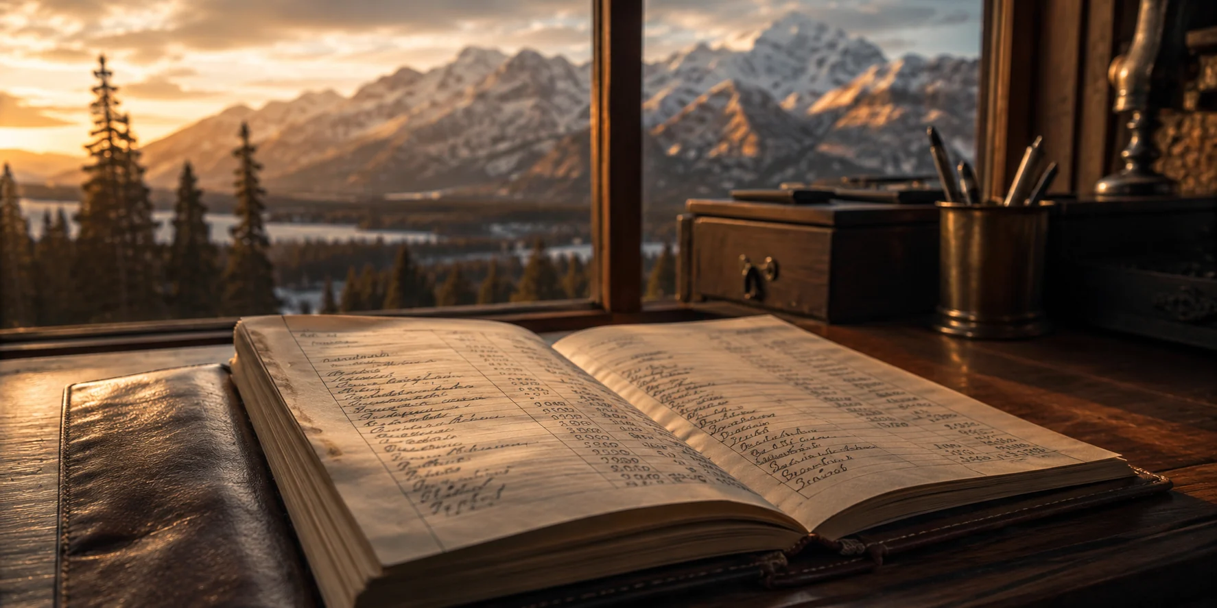 Open financial ledger with Idaho mountains at sunset u2014 tax-coordinated wealth strategy.