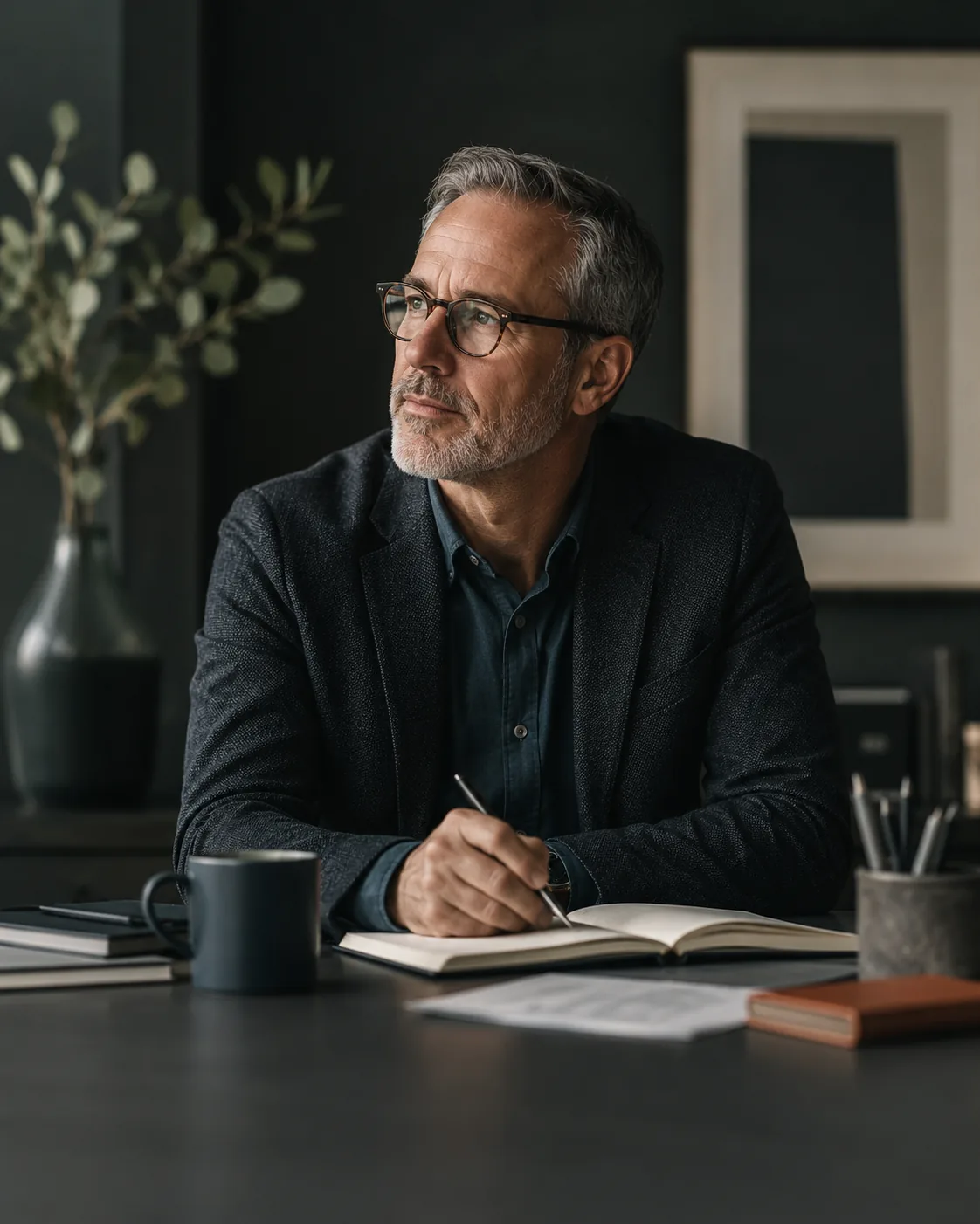 Cooper Norman Wealth advisor reviewing comprehensive financial plan with a journal at a warm desk.
