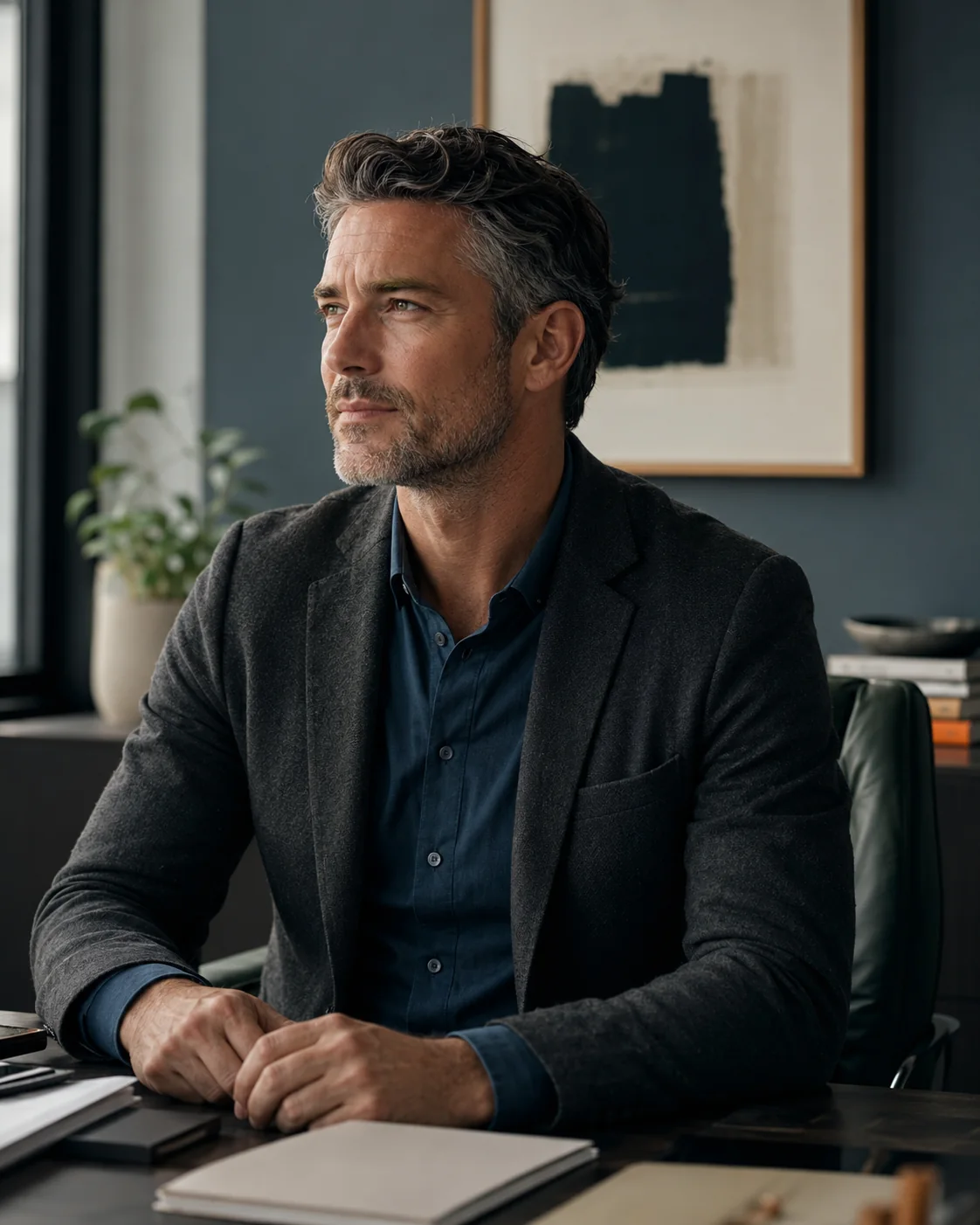 Cooper Norman Wealth advisor reviewing corporate retirement plan documents at a desk.