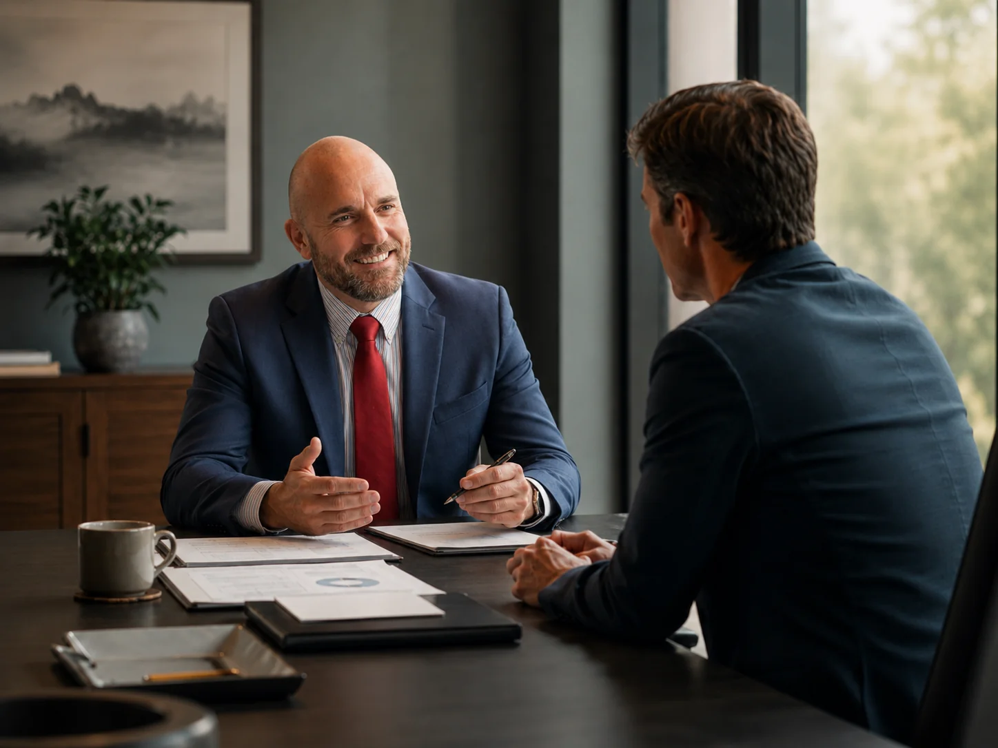 Cooper Norman Wealth advisor in conversation with a client at a window-lit office desk.
