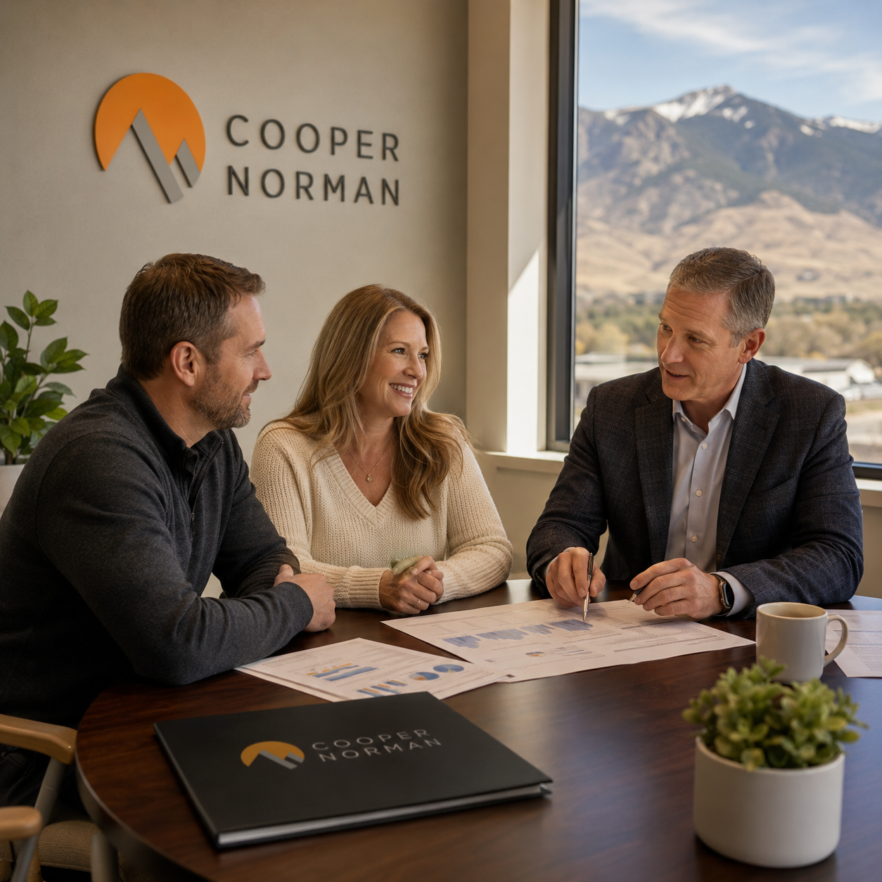 Cooper Norman Wealth advisor in a couple's financial planning meeting with Idaho mountain view.