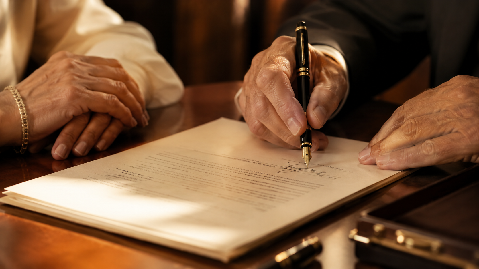 Couple signing an estate planning document with a fountain pen.