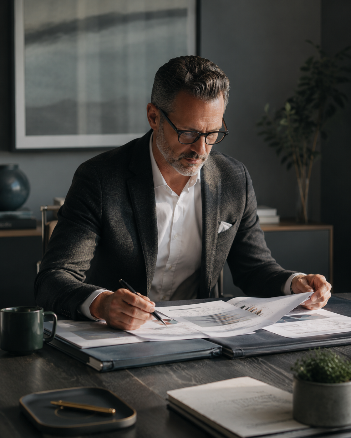 Financial advisor reviewing tax and investment documents.