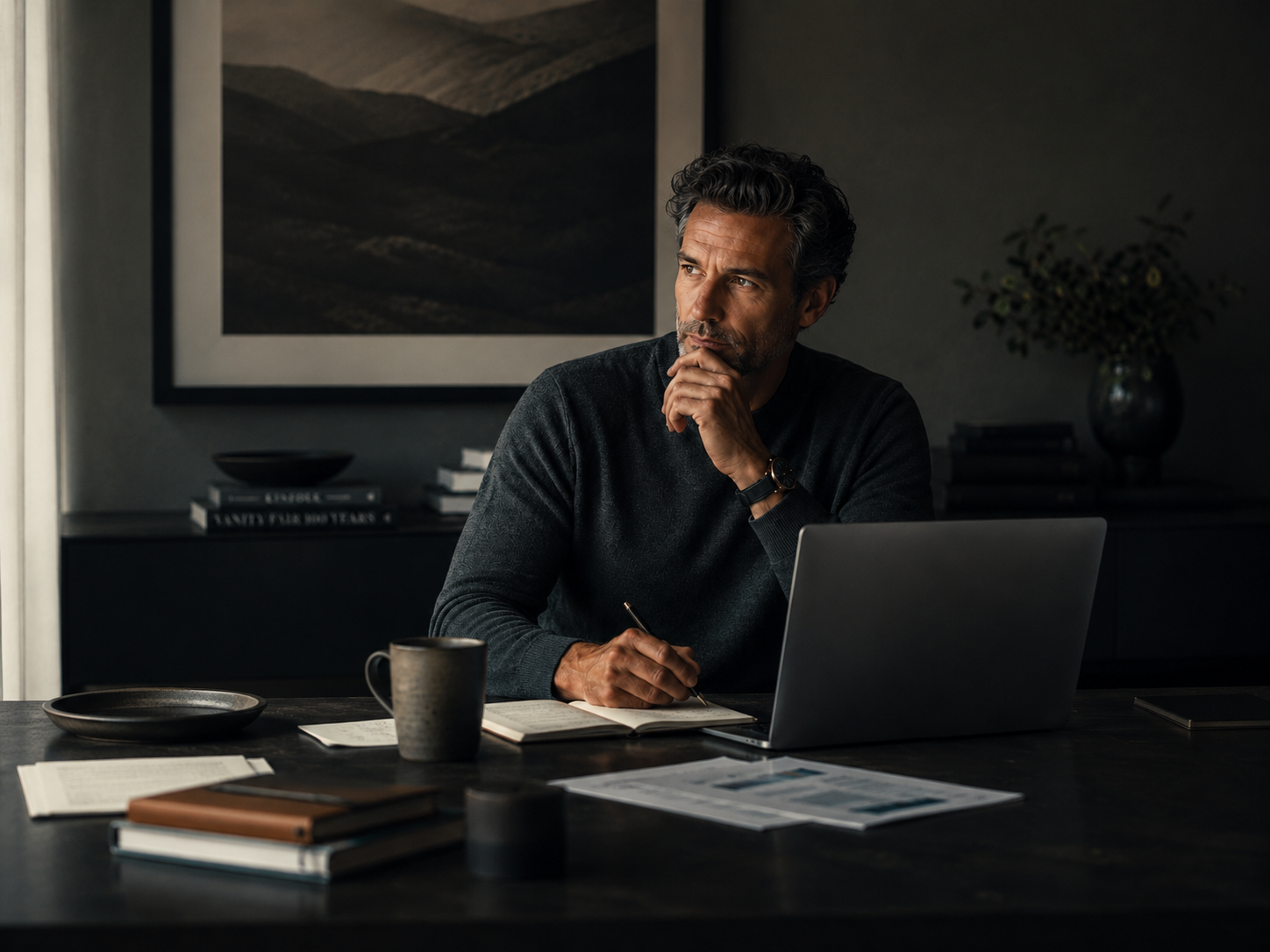 Financial advisor reviewing tax and investment documents.
