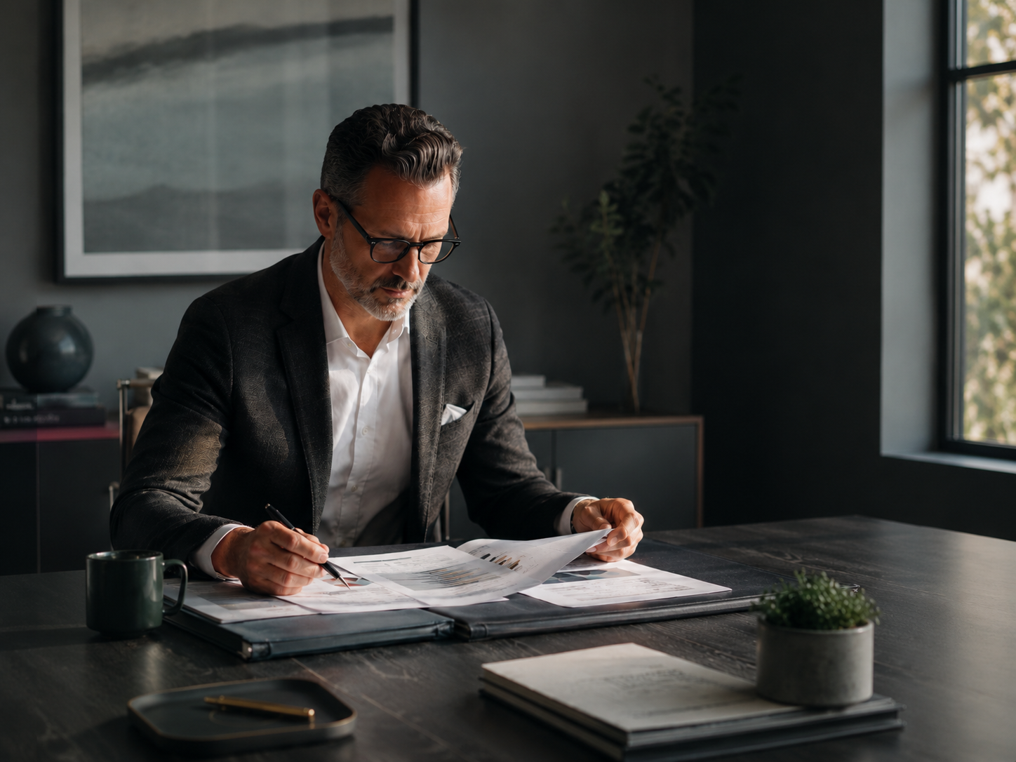 Senior wealth advisor reviewing client financial documents at desk.
